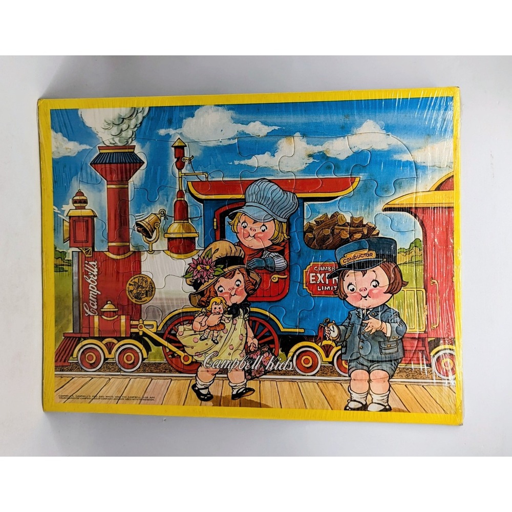 Campbell Kids Gym Tray Puzzle Girl Boy Conductor Train Station 12.5 x 9.5"